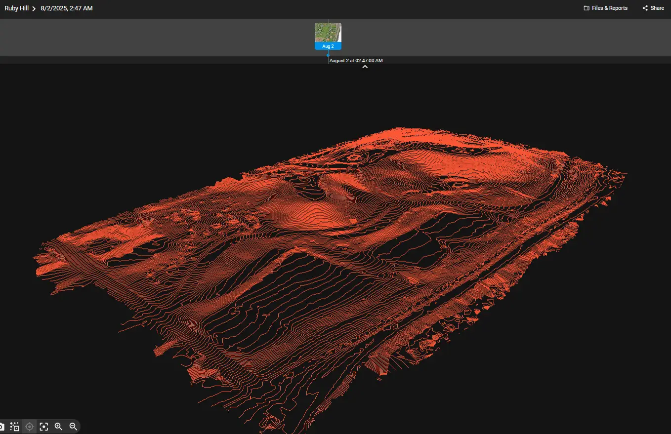3D LiDAR point cloud terrain model showing topographic contour lines and elevation data from a construction site survey by Wet Dog Drones